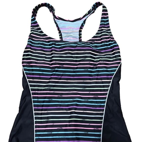 Reebok Swim Colorful Dimension Stripe & Black One-Piece Swimsuit Size 12 - Picture 4 of 13